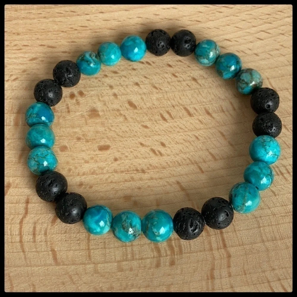 Stretch Beaded Bracelet Cyan Blue Turquoise and Lava Stone Beads - Picture 3 of 10